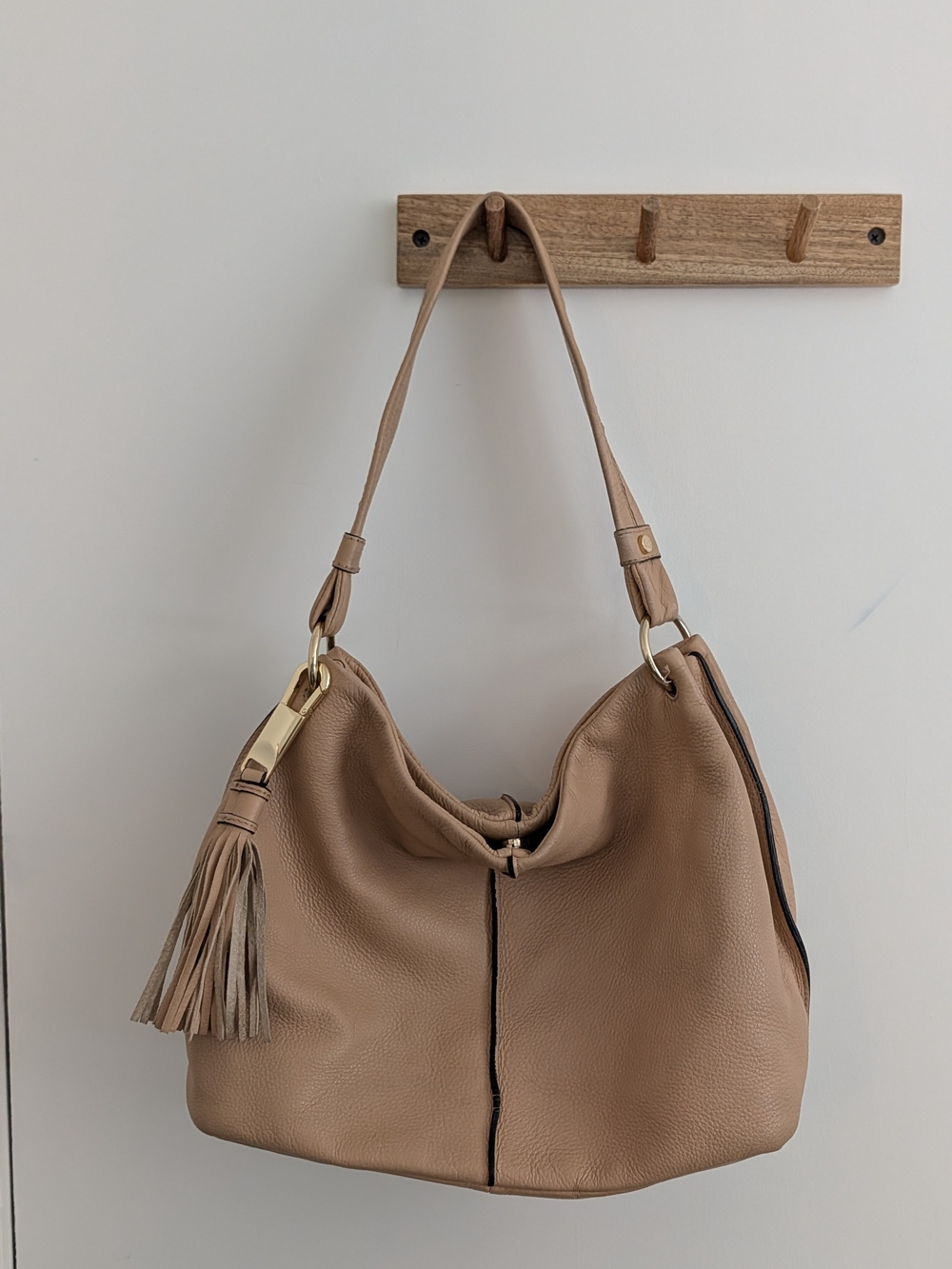 Tassel-Accent Tan Leather Hobo Satchel